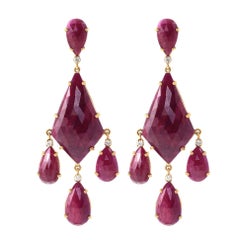 18 Karat Yellow Gold 59.98 Carat Ruby and Diamond Cocktail Dangle Earrings