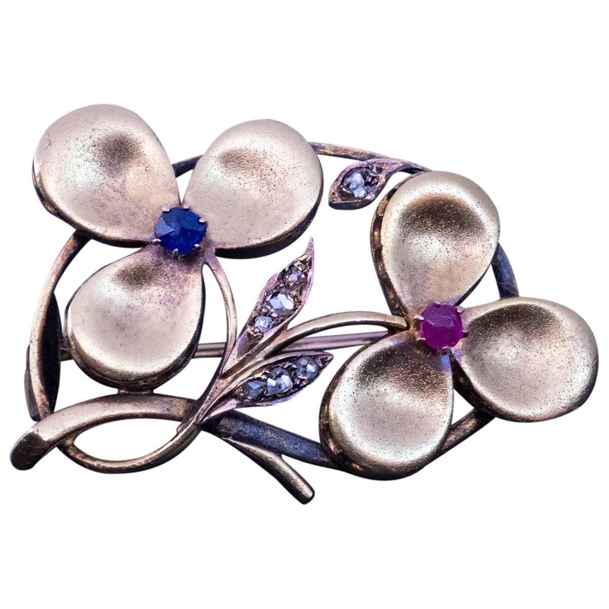 Antique Art Nouveau Ruby Sapphire Diamond Gold Clover Brooch For Sale