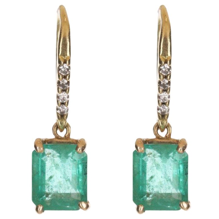 2.53tcw 14K Emerald & Diamond Hook Gold Dangle Earrings