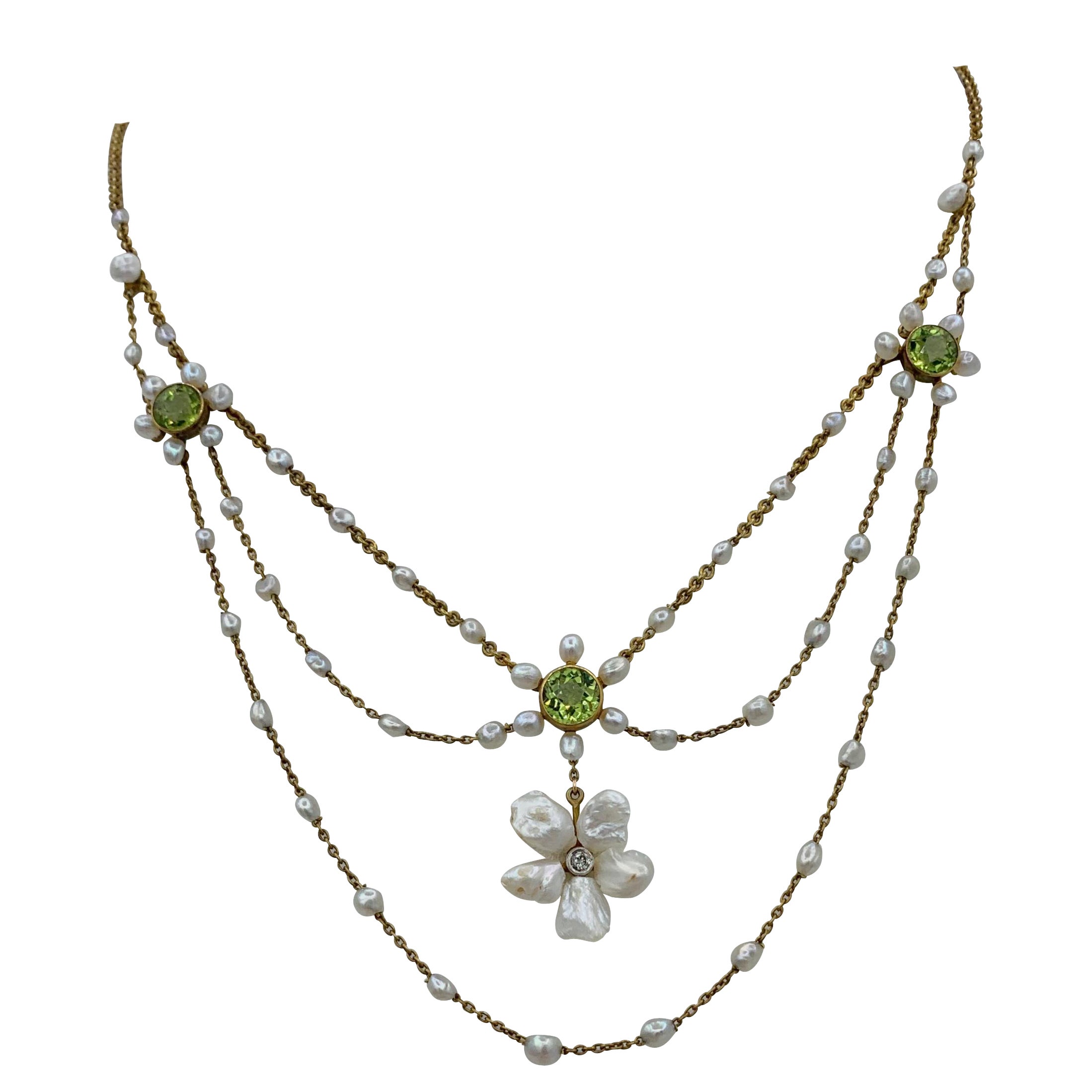 Edwardian Peridot Old Mine Diamond Pearl Festoon Swag Necklace Antique Gold