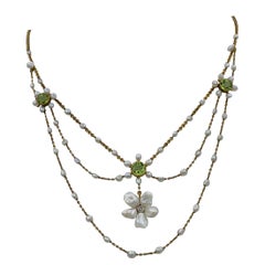 Edwardian Peridot Old Mine Diamond Pearl Festoon Swag Necklace Oro Antiguo