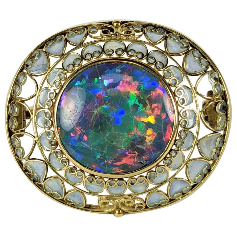 Louis Comfort Tiffany Black Opal and Plique a Jour Brooch For Sale