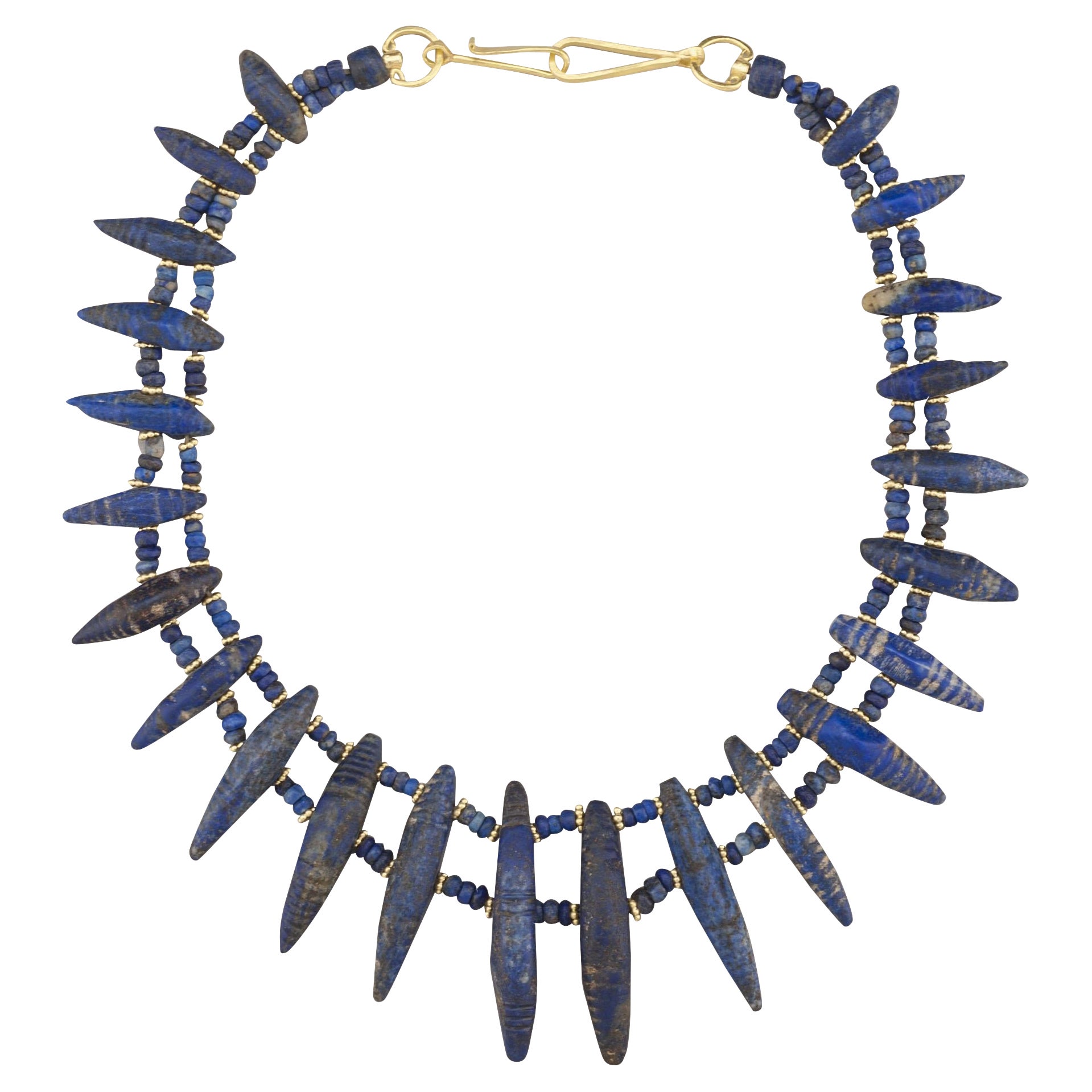 Ancient Lapis Double Strand Collar Necklace with Graduated Pendants, 22k Gold For Sale