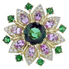 Green Tourmaline Pink Sapphire Tsavorite Diamond 7.91 Carat Cocktail Ring