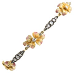 Vintage Flower Enamel and Diamond Yellow Gold Bracelet
