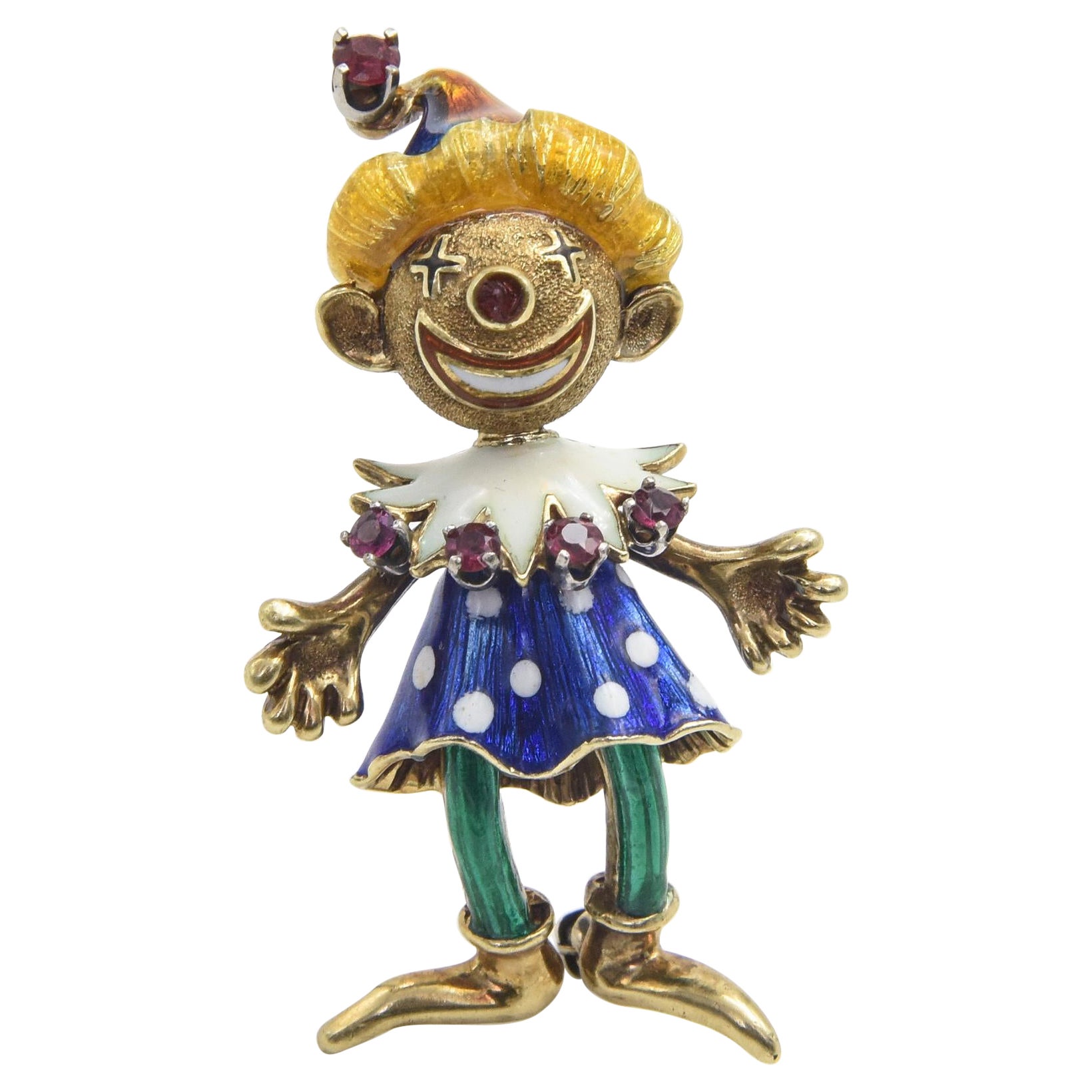 Martine Articulated Enamel Smiling Clown Girl Ruby Yellow Gold Brooch For Sale