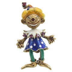 Martine Reticulated Enamel Smiling Clown Girl Ruby Yellow Gold Brooch