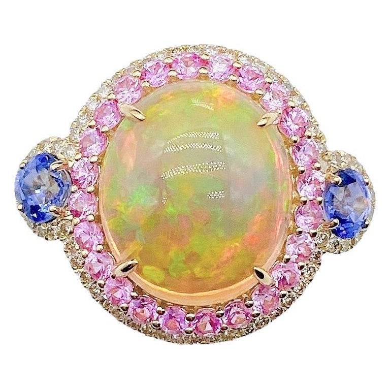 6,939 Seltener 18KT Gold Fancy Opal Rosa Saphir Blau Saphir Diamant Ring im Angebot