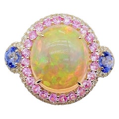 Rare bague en or 18 carats avec opale fantaisie, saphir rose, saphir bleu et diamant 6,939