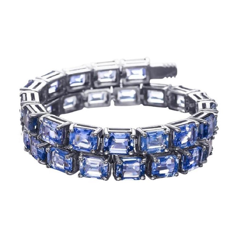 18.57 Carat Natural Emerald Cut Sapphire Tennis Bracelet Riviera