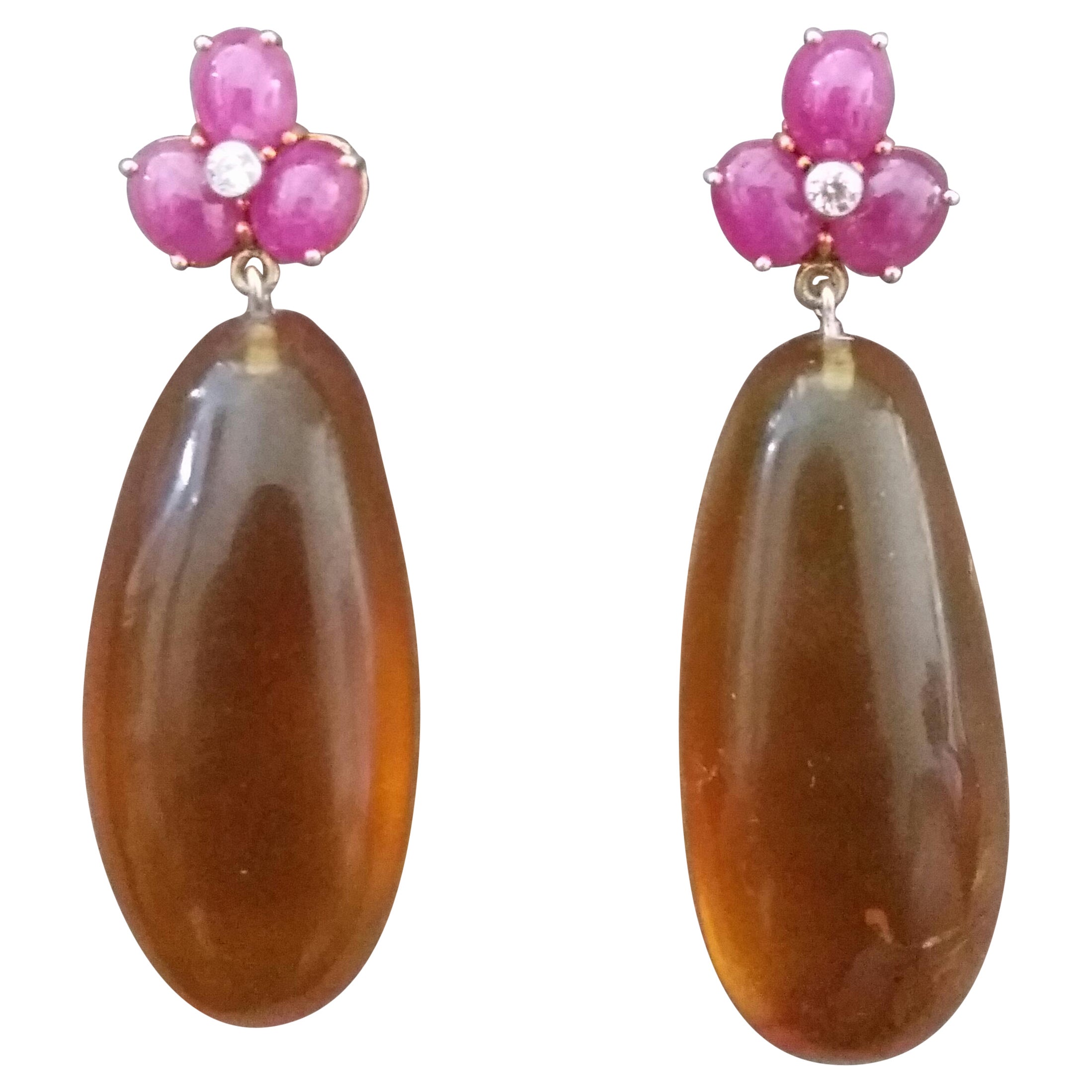 3 Ruby Oval Cabs 14 Kt Yellow Gold Diamonds Burmese Honey Amber Drops Earrings