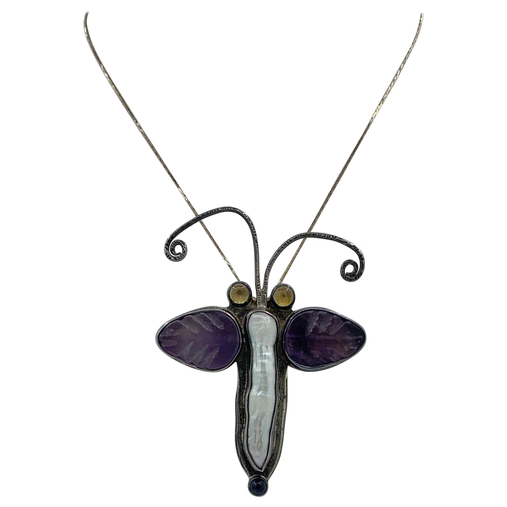 Echo of the Dreamer Butterfly Moth Pendant Brooch Amethyst Pearl Sterling Silver