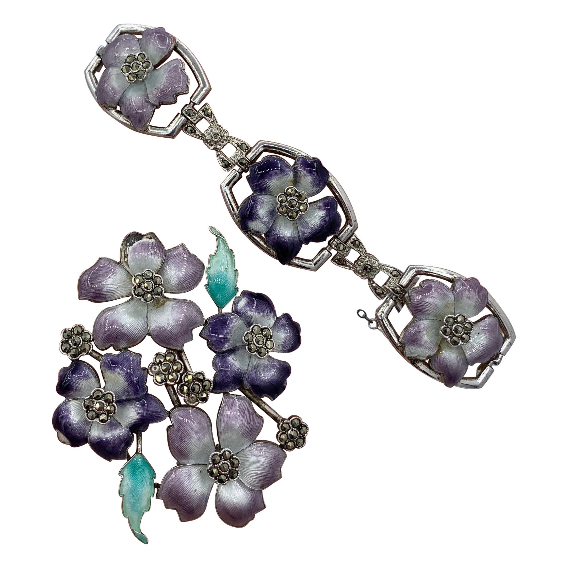 Art Deco Enamel Pansy Violet Flower Bracelet and Brooch Sterling Silver, 1920