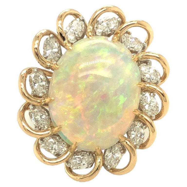 Opal and 2.40 Carat Diamond Ribbon Halo Ring 18K Yellow Gold For Sale
