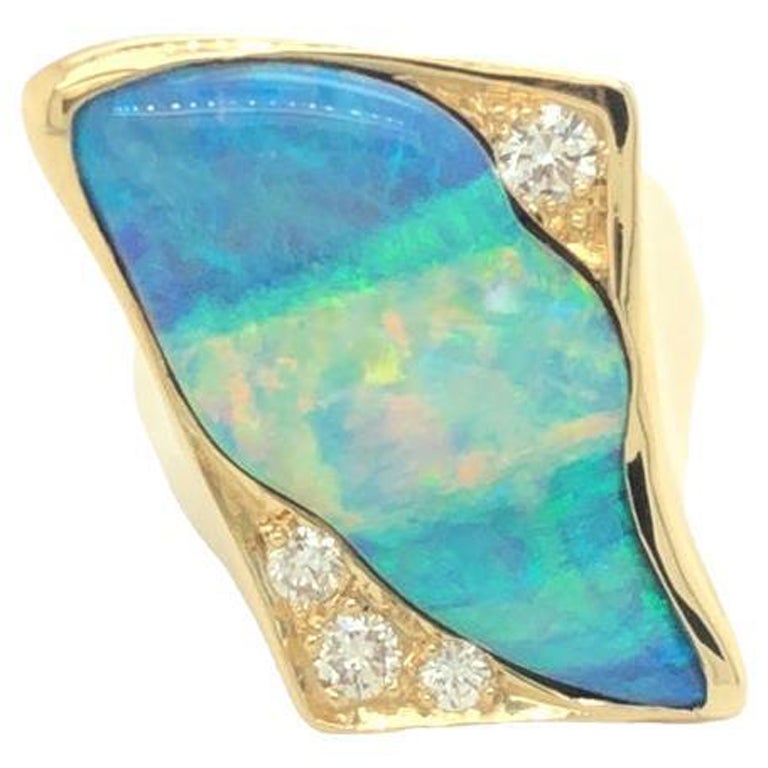 Free Form Opal and Diamond Statement Cocktail Ring 18K Yellow Gold For Sale