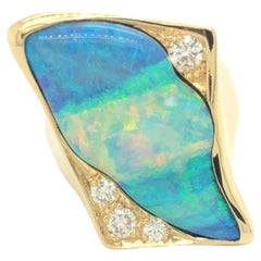 Retro Free Form Opal and Diamond Statement Cocktail Ring 18K Yellow Gold