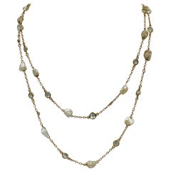 Antique Aquamarine Freshwater Pearl Sautoir Necklace 14 Karat Gold by the Yard