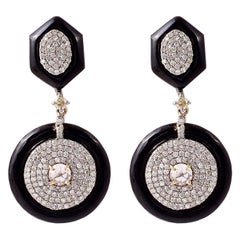 15.26 Carats Diamond, Rose-Cut Diamond, and Black Onyx Drop Earrings