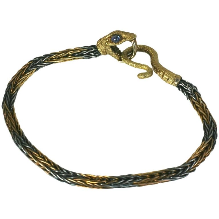 Vintage Mcm Brass Snake Bracelet w/Pink Stone Eyes
