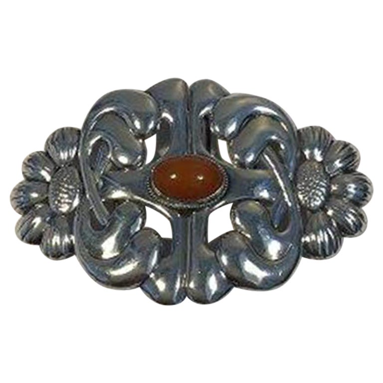 Danish Art Nouveau Silver Belt Buckle with Amber