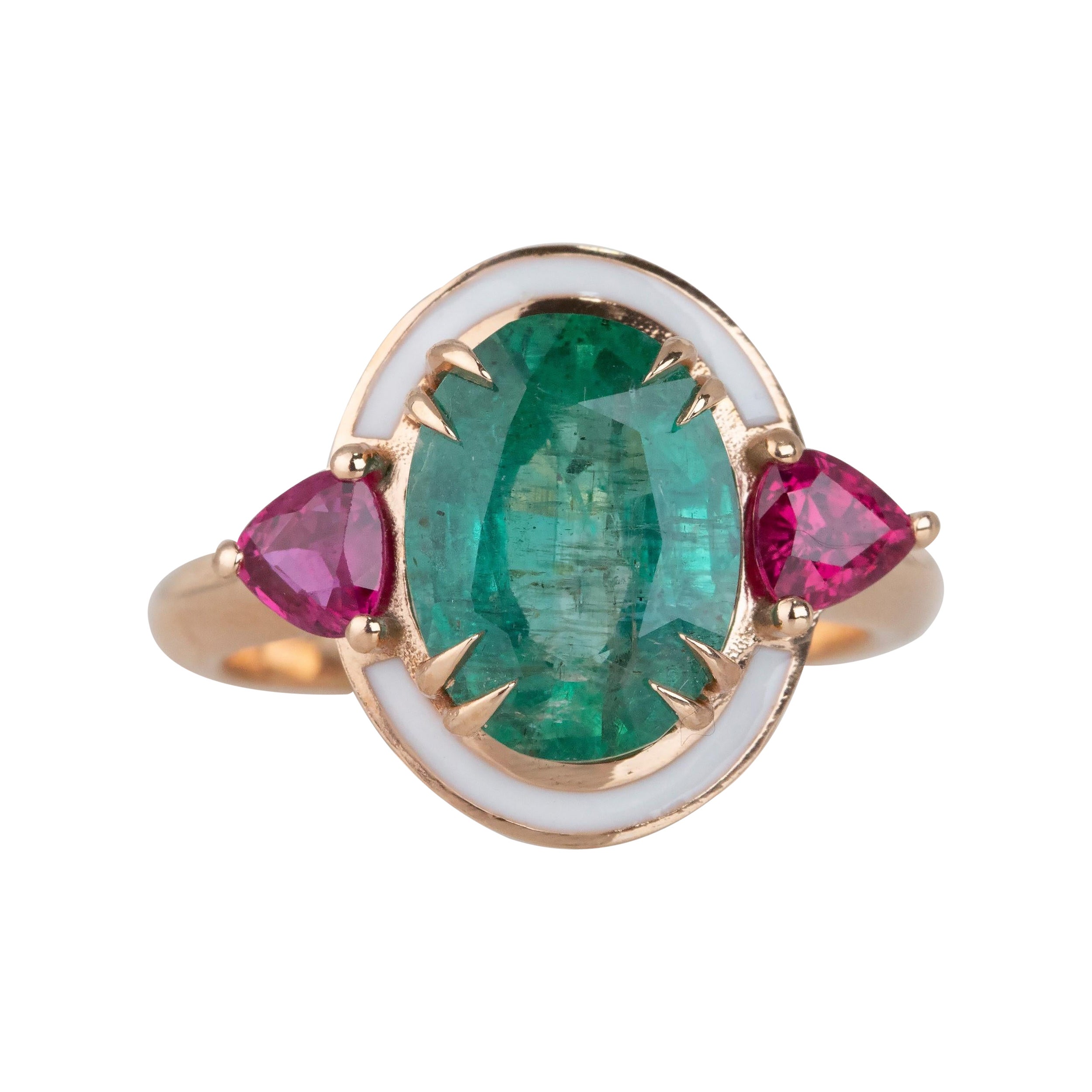 For Sale:  Art Deco Style 3.30 Ct Emerald and Ruby 14K Gold Cocktail Ring