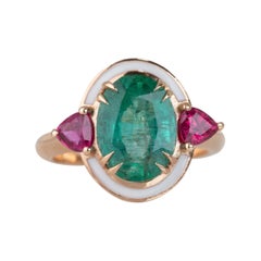 Art Deco Style 3.30 Ct Emerald and Ruby 14K Gold Cocktail Ring