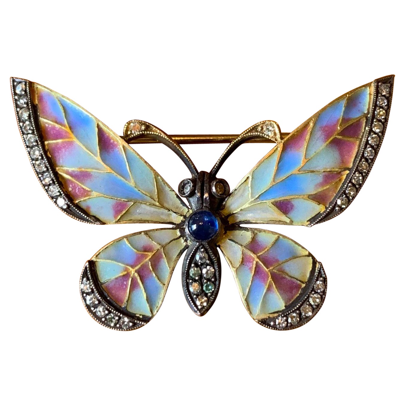 Broche plique-à-jour papillon Art nouveau en or 18 carats, émail, saphir et diamants en vente