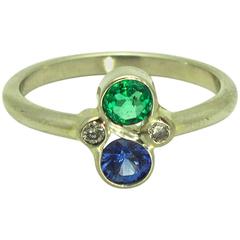Blue Sapphire Emerald Diamond Gold Ring 