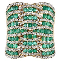 18K Yellow Gold Emerald Diamond Interwoven Shield Cocktail Ring