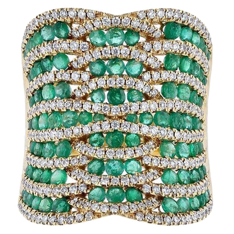 18K Yellow Gold Emerald Diamond Interwoven Shield Cocktail Ring For Sale