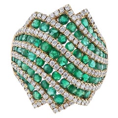 18K Yellow Gold Emerald Diamond Domed Cocktail Ring