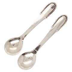 Pair of Georg Jensen Beaded Pattern Sterling Silver Salt Spoons