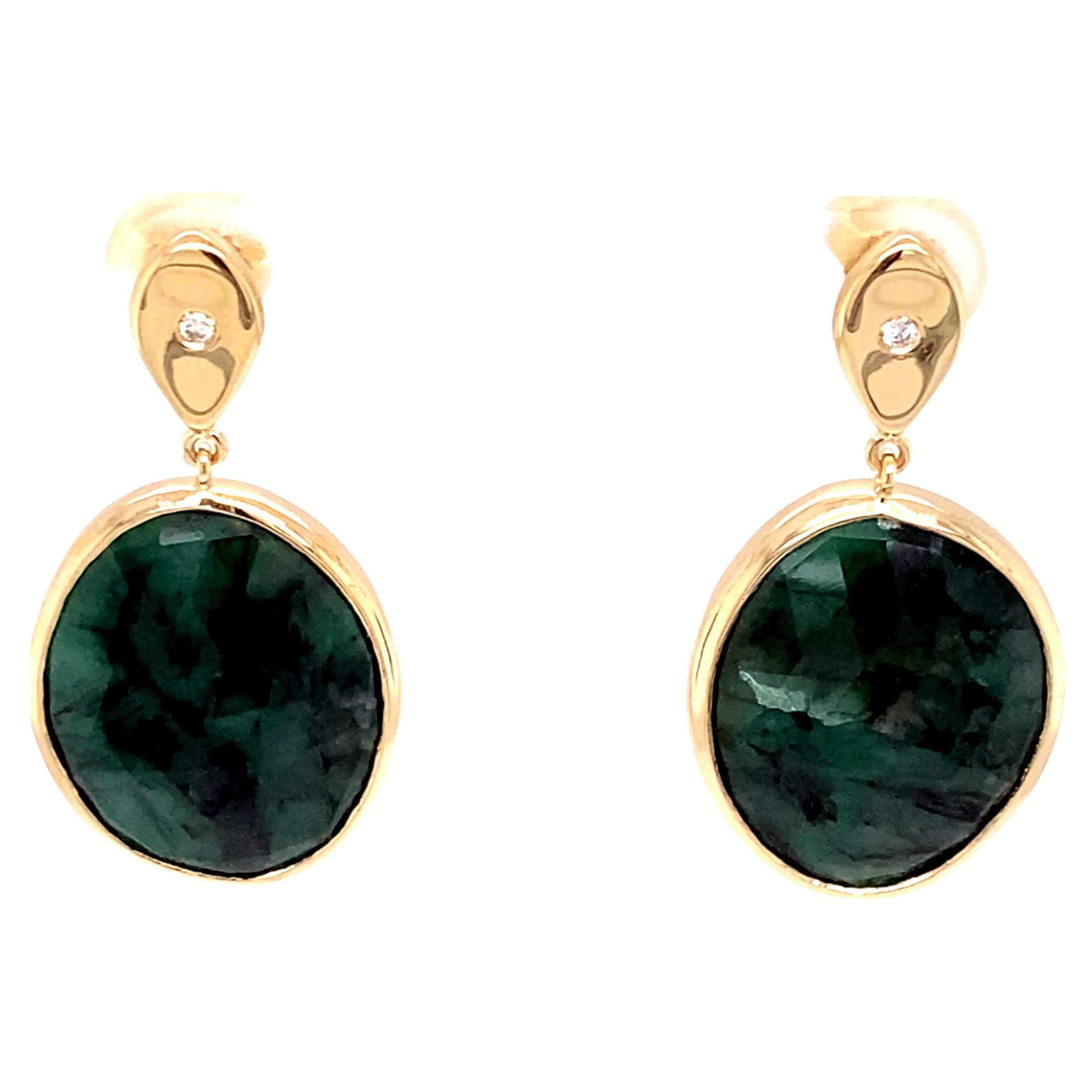 One of a Kind 14k Yellow Gold and Diamond Teardrop Oval Emerald Slice Earrings For Sale