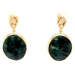 One of a Kind 14k Yellow Gold and Diamond Teardrop Oval Emerald Slice Earrings