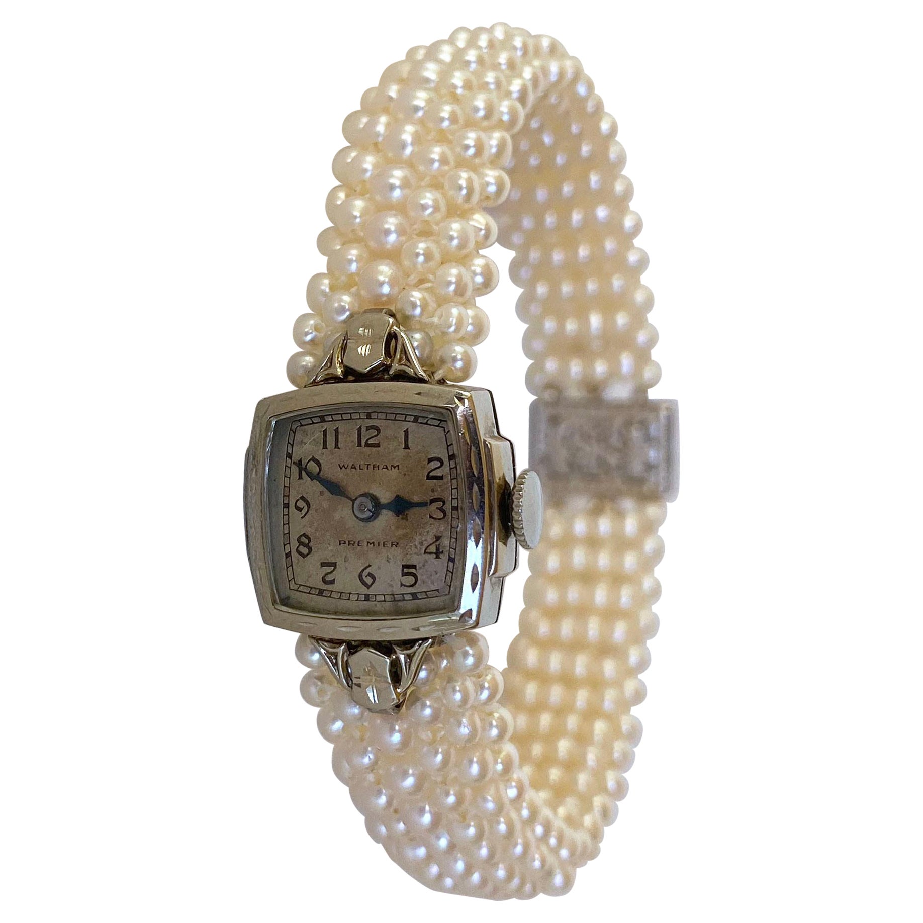 Marina J Woven Pearl  Bracelet with Vintage 14k White Gold working manual Watch 