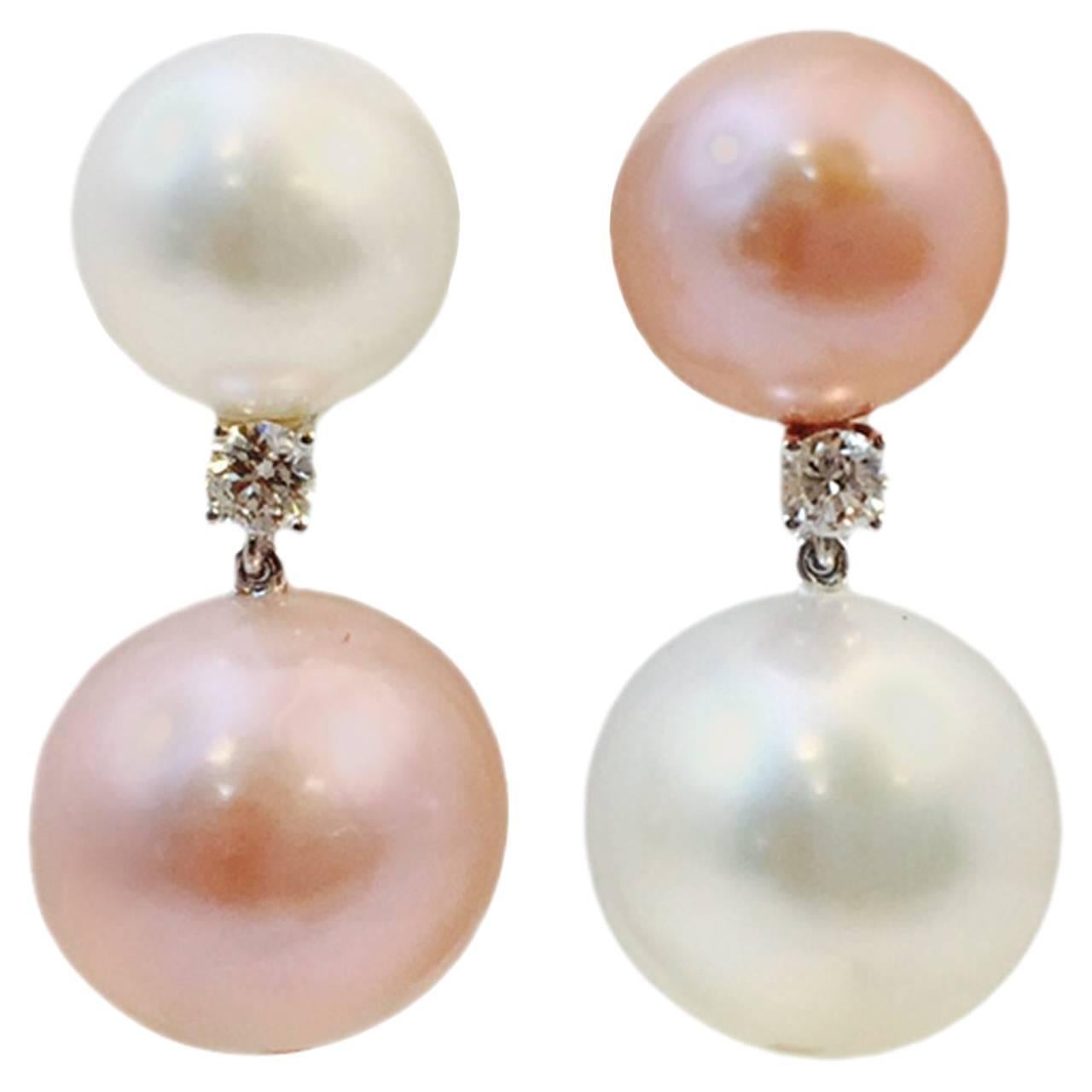 Natural Pink and White South Sea Pearl Diamond Gold Earrings