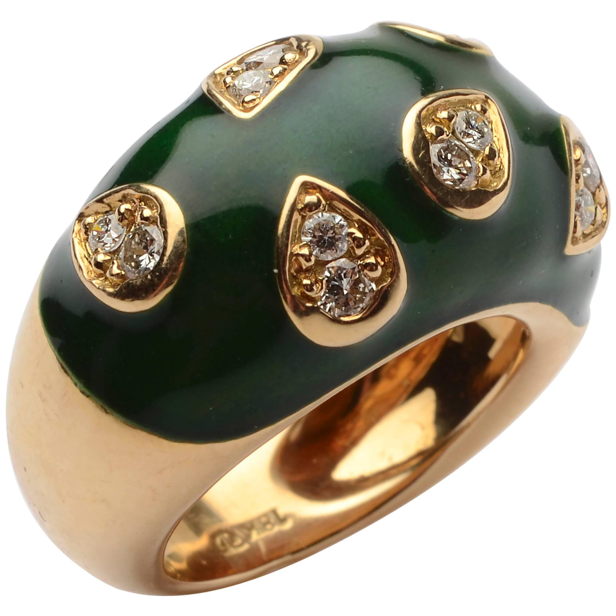 1960s Enamel Diamond Gold Dome Ring For Sale