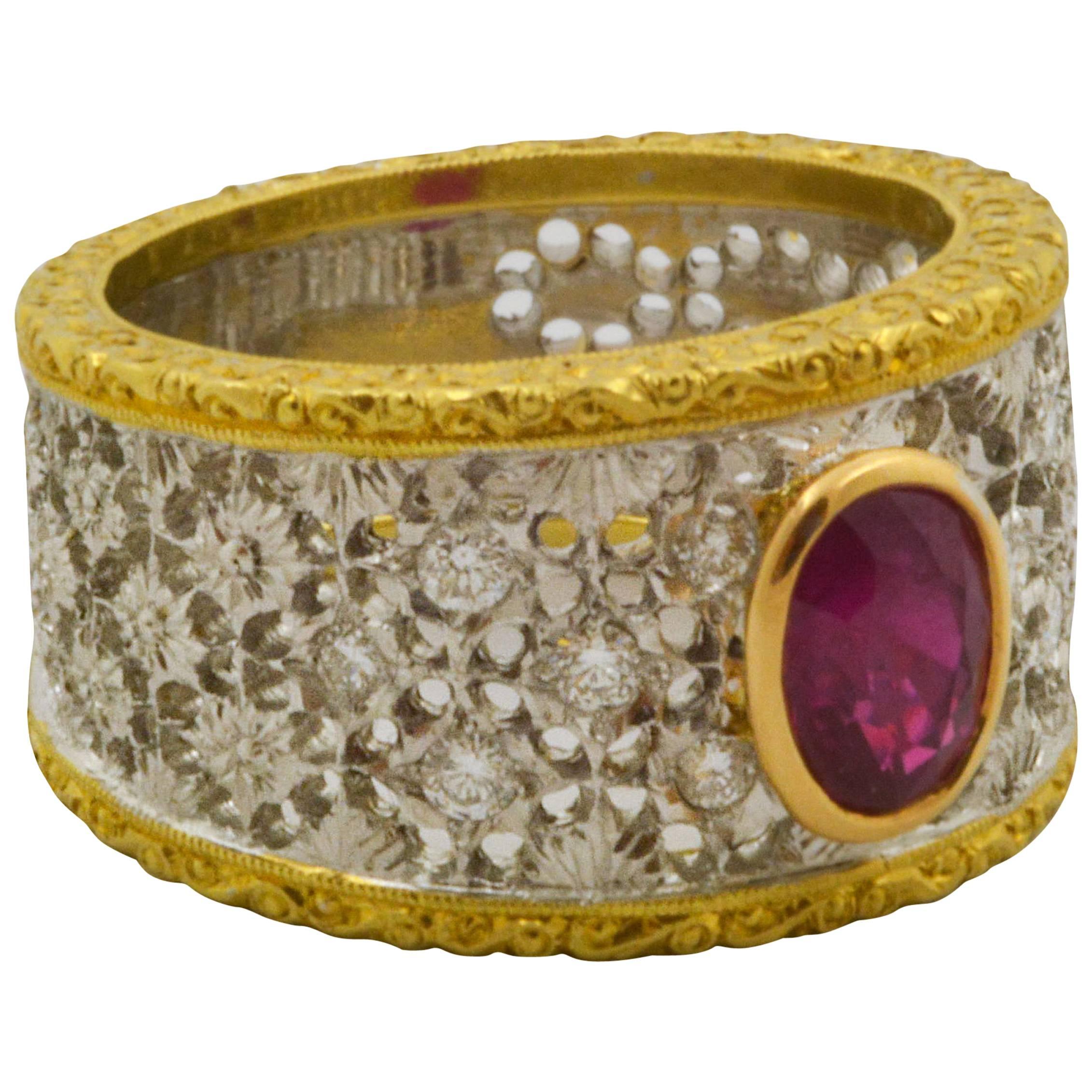 Maini Gioielli Ruby Two Color Gold Bezel Set Filigree Floral Ring