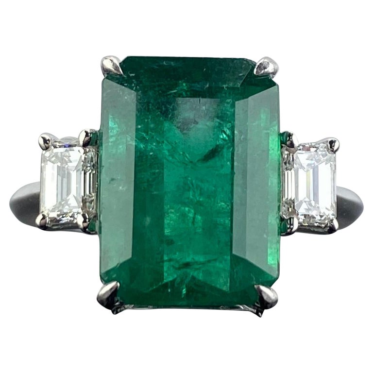 5.39 Carat Emerald and Diamond Three-Stone Engagement Ring For Sale