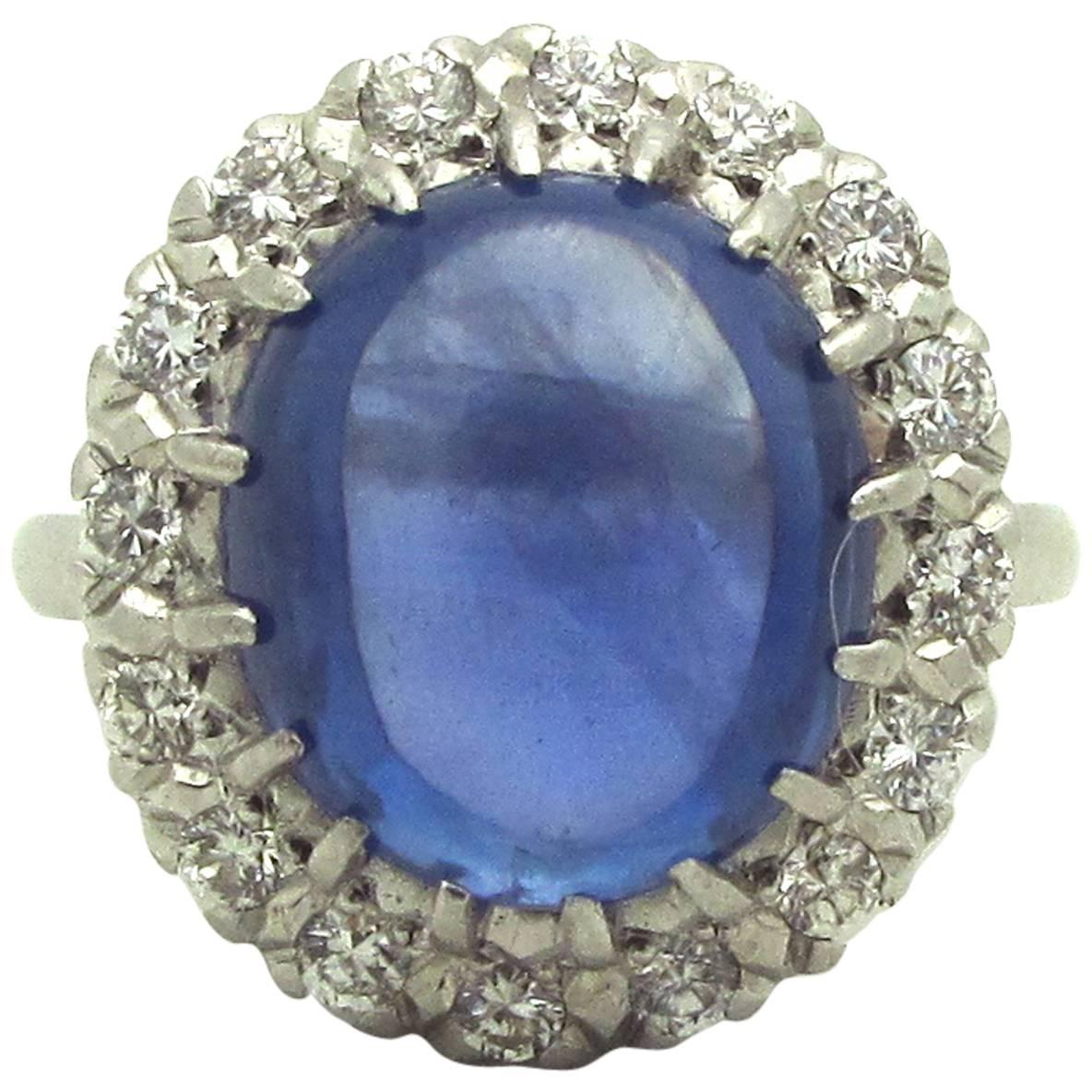 Blue Cabochon Sapphire Diamond Platinum Cluster Ring For Sale