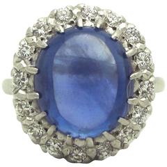 Vintage Blue Cabochon Sapphire Diamond Platinum Cluster Ring