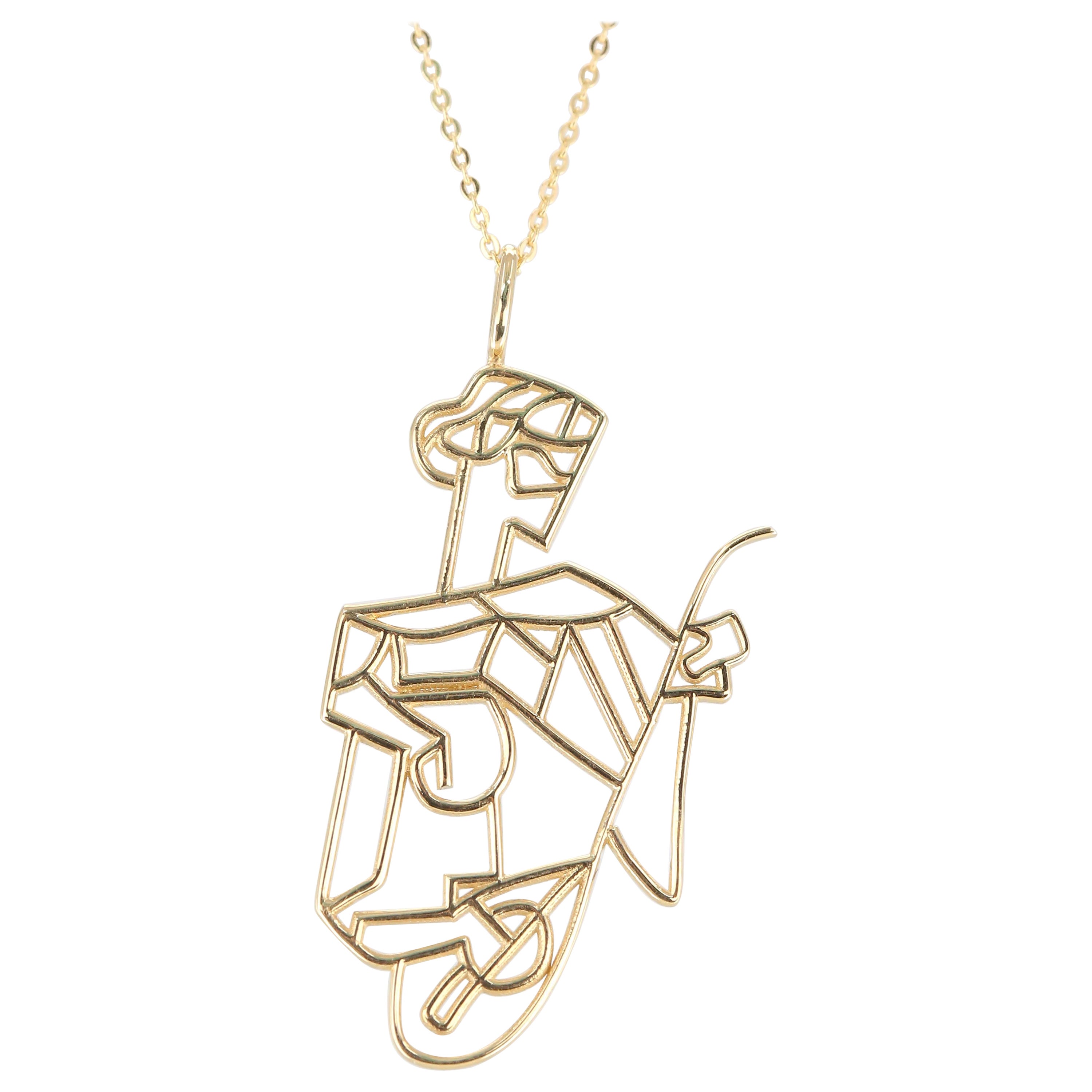 14K Gold Cubic Girl with a Mandoline Charm Necklace, Inspired by Picasso For Sale