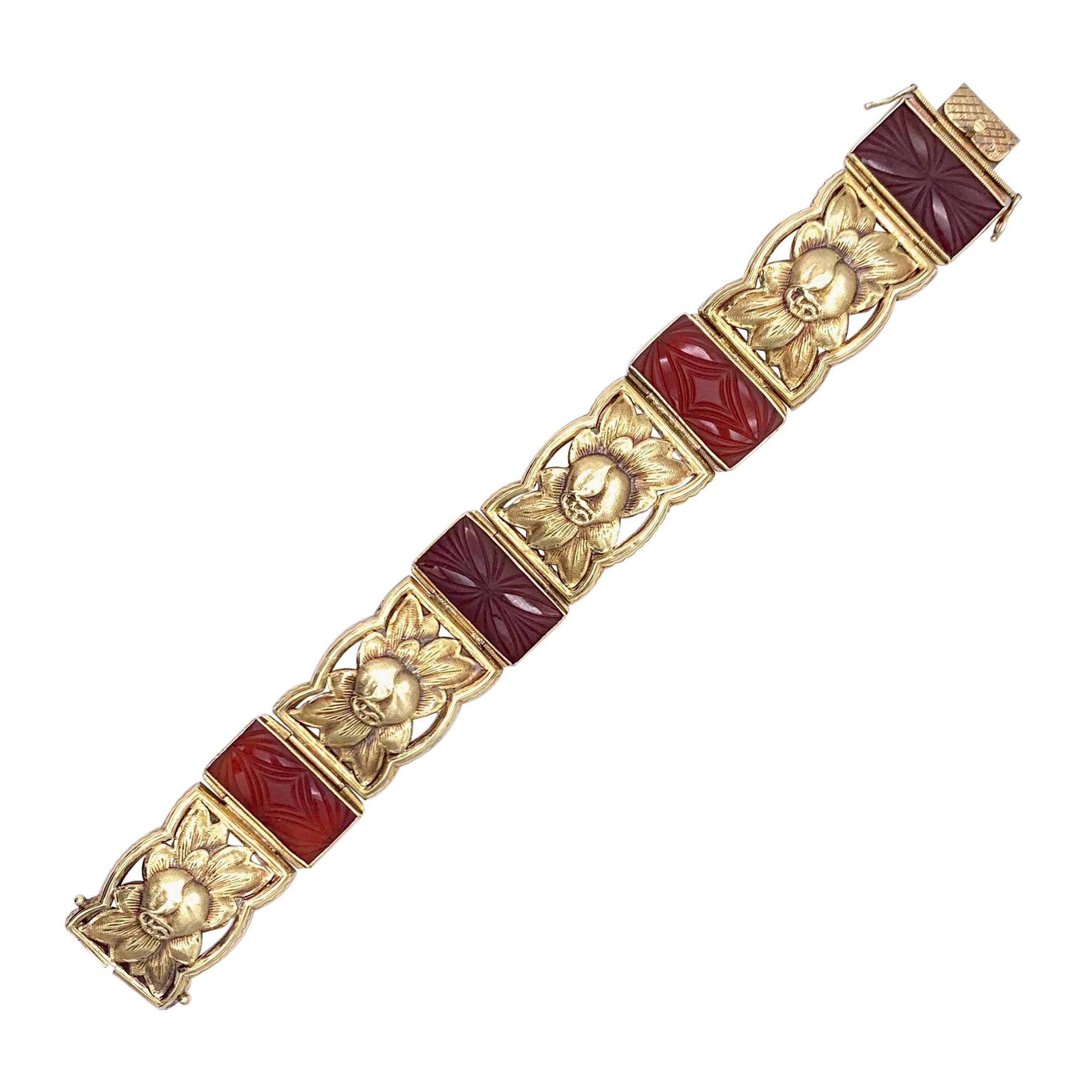14 Karat Gold Armband im Art déco-Stil mit geschnitzten Karneol-Äpfeln C