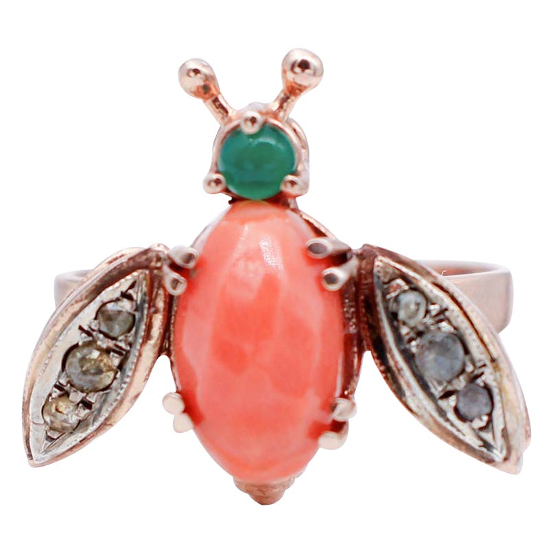 Coral, Green Agate, Diamonds, 9 Karat Rose Gold and Silver Fly Shape Ring
