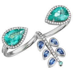 GIA Certified Paraiba Tourmaline Two-Finger Ring with Sapphires and Diamonds