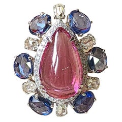 Set in 18K Gold, Rubellite, Blue Sapphire & Rose Cut Diamonds Cocktail Ring
