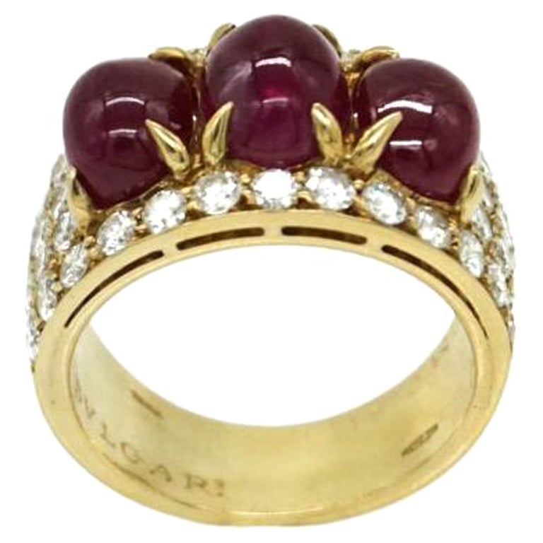 Bulgari Diamond & Three Cabochon Rubies 18k Gold Ring