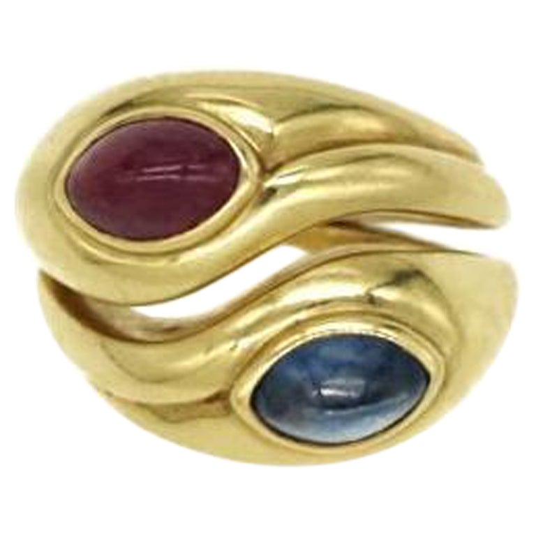 Bulgari Cabochon Sapphire & Ruby Ring Set For Sale