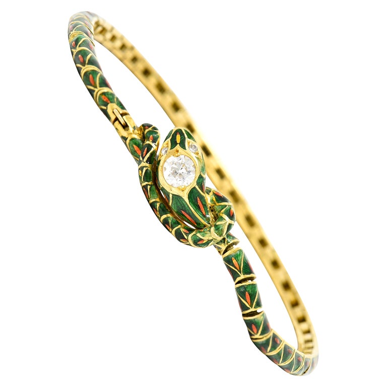 Tiffany & Co. Antique Guilloche Enamel Diamond 18 Karat Gold Snake Bracelet For Sale