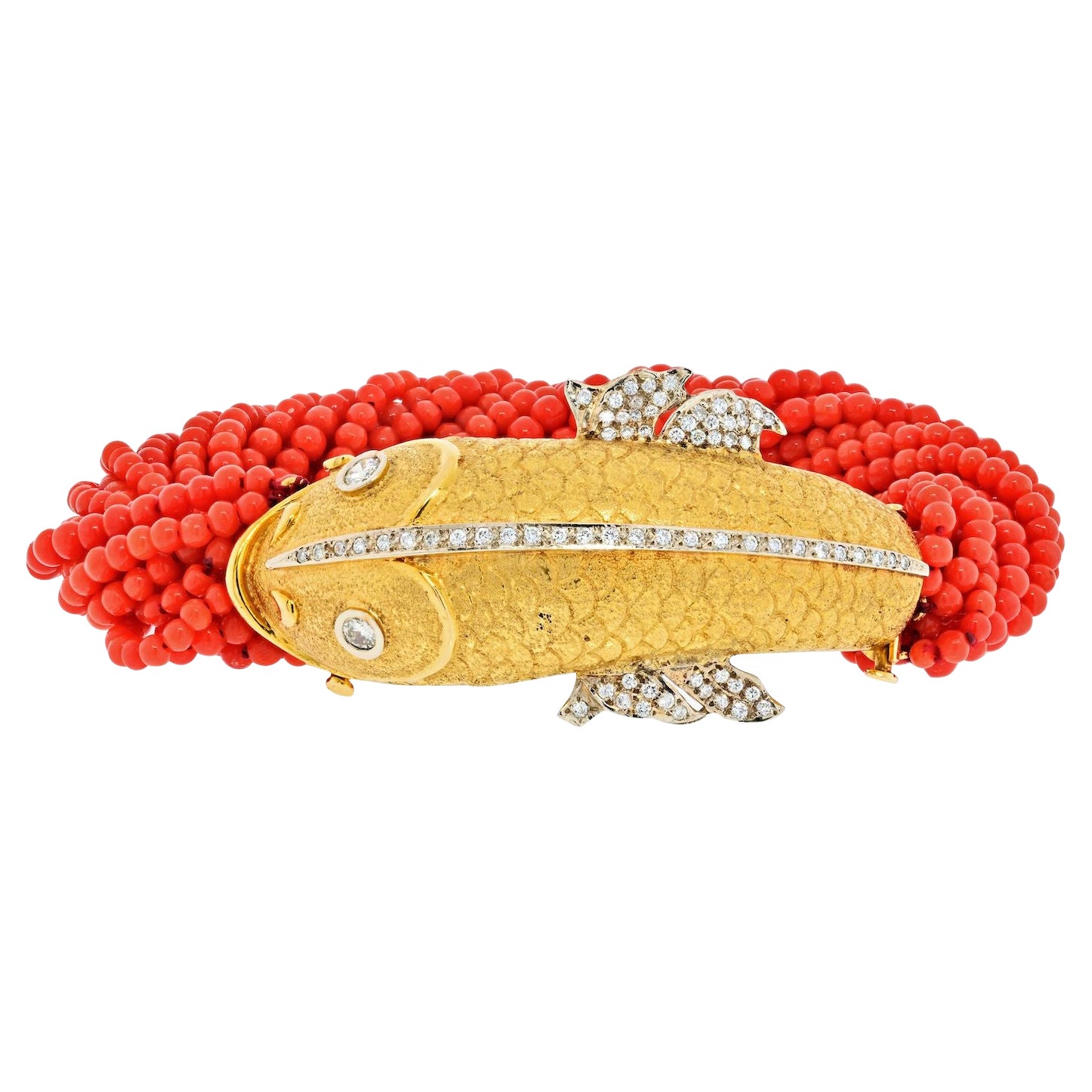 18K Yellow Gold Torsade Coral Strand Fish Bracelet